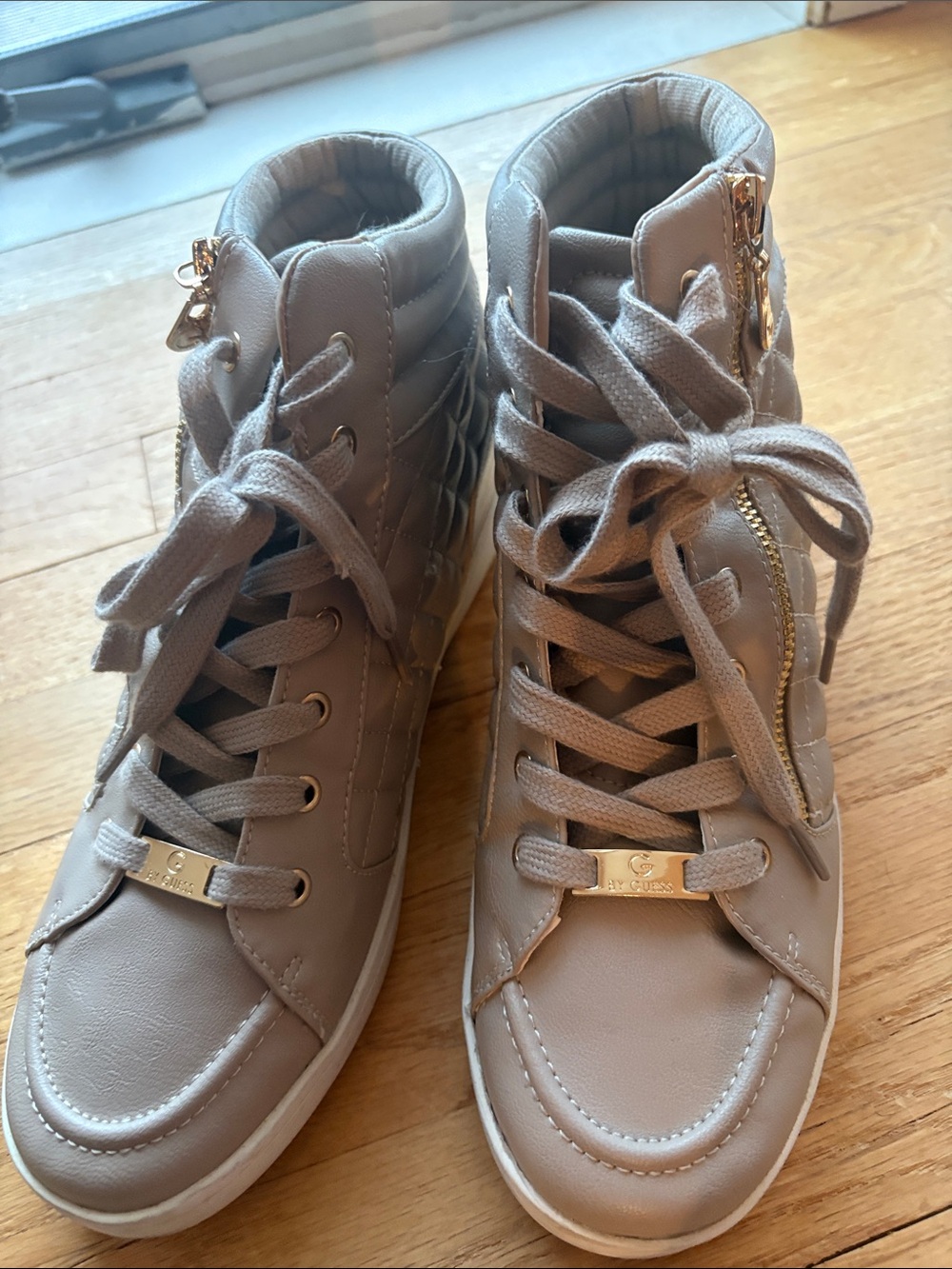 Guess High-Top Women’s Sneakers — Taupe Leather Look with Gold Accents